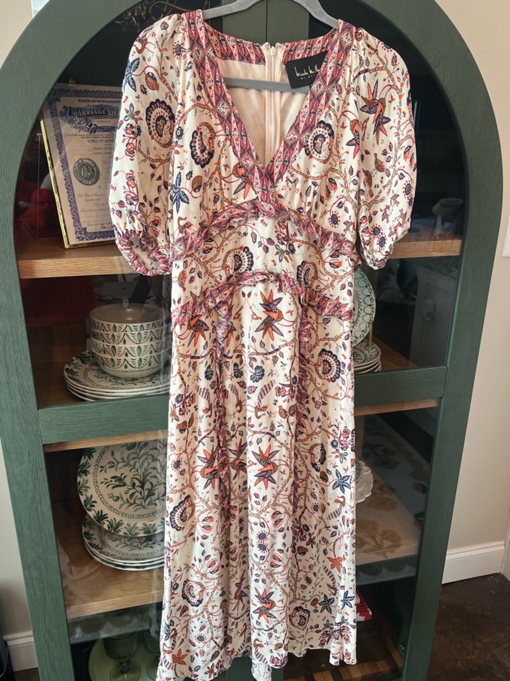 Nicole Miller Cream Midi Dress with Rust & Navy Floral Print